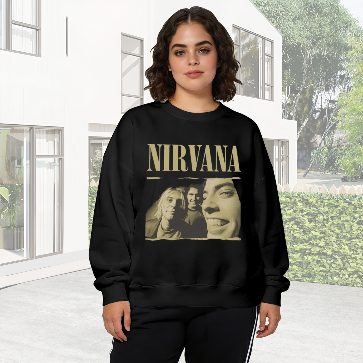 Crewneck sweatshirt product image with vintage-style Nirvana band portrait