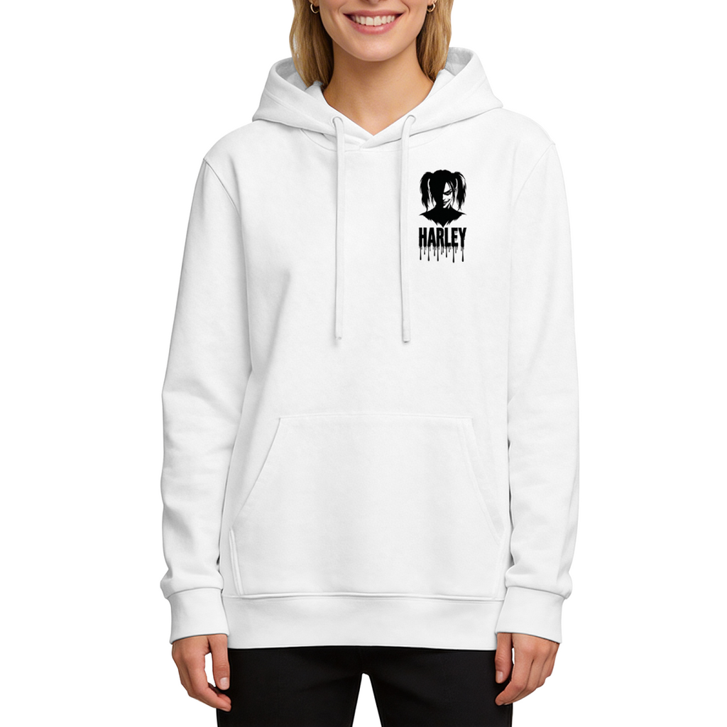 On-model product photo: women's hoodie bearing a compact pigtail silhouette with ink-style lettering