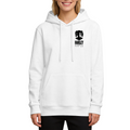 On-model product photo: women's hoodie bearing a compact pigtail silhouette with ink-style lettering