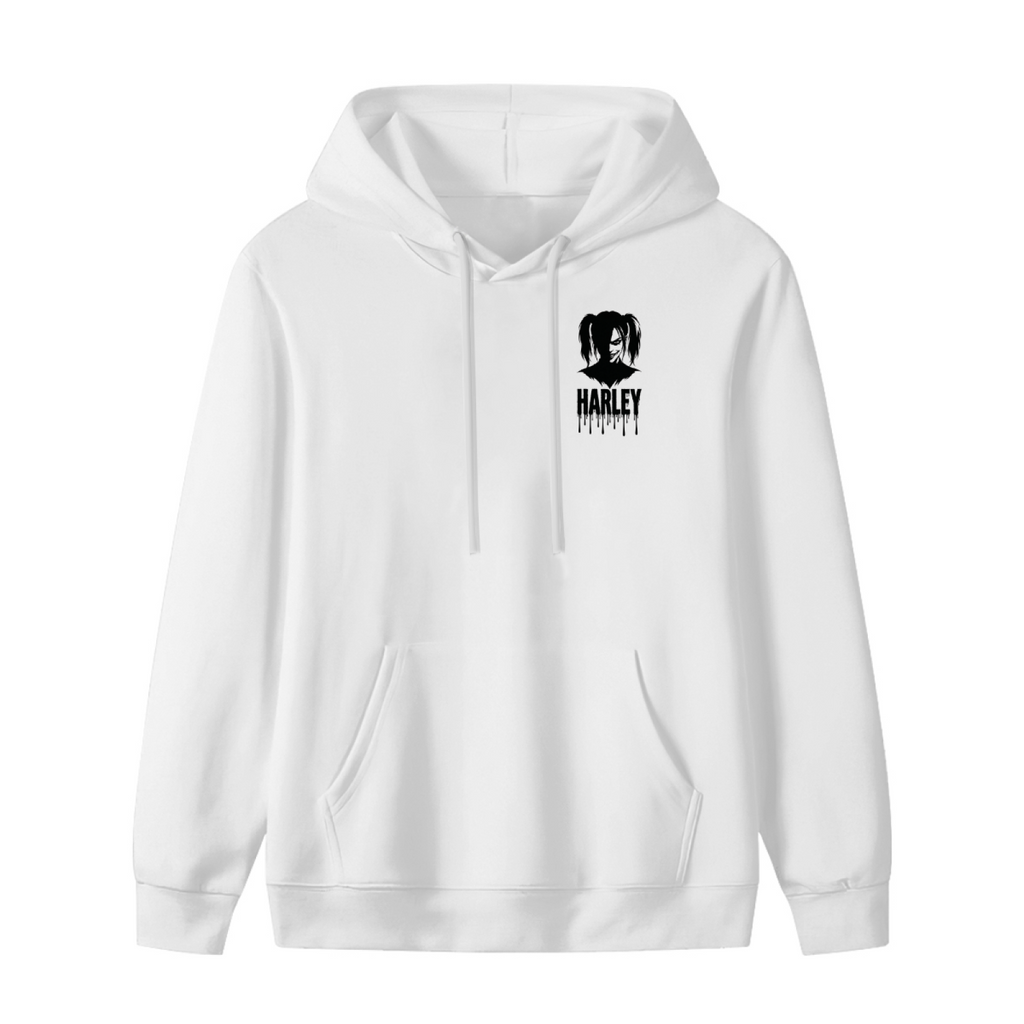 Women's hoodie photographed alone, with a compact pigtail silhouette with ink-style lettering on the front