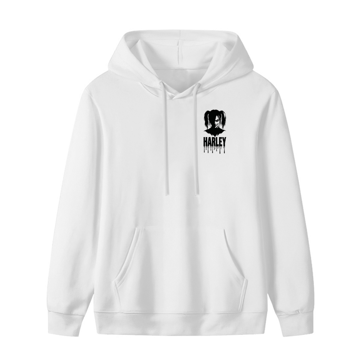 Women's hoodie photographed alone, with a compact pigtail silhouette with ink-style lettering on the front