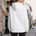 Lifestyle rear photograph of the women's Little Pigtail Ink Mark hoodie, showing a model and an unprinted back