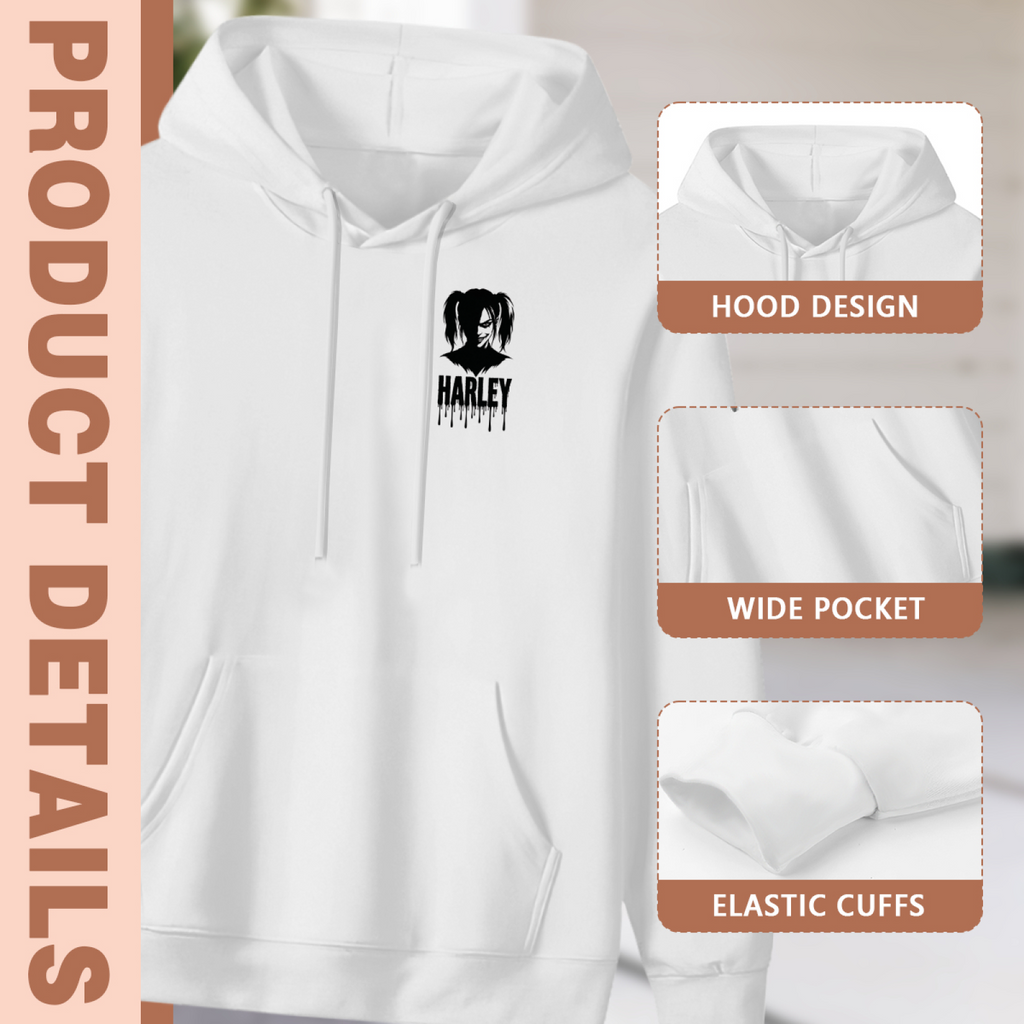 Feature collage for the women's Little Pigtail Ink Mark hoodie: hood shape, pouch pocket and cuff finishing