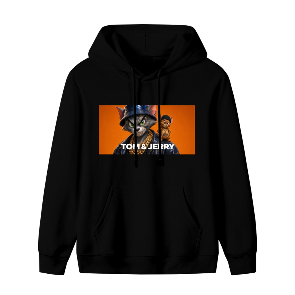 Standalone men's hoodie front displaying a graphic of a cat wearing a bucket hat beside a mouse in a rectangular panel