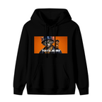 Standalone men's hoodie front displaying a graphic of a cat wearing a bucket hat beside a mouse in a rectangular panel