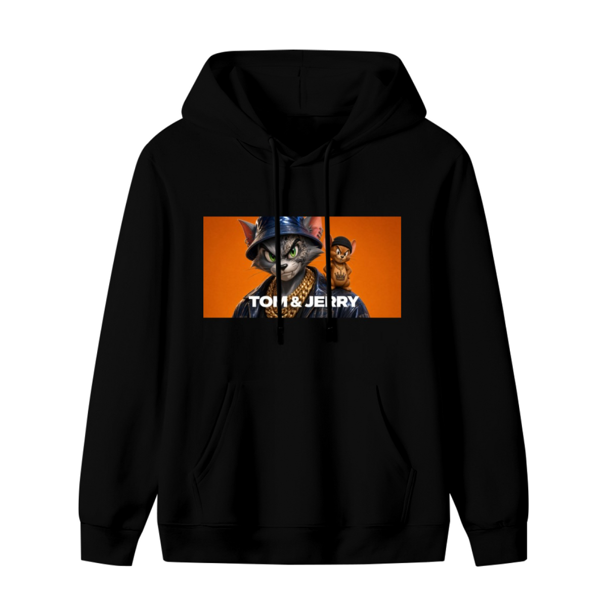 Standalone men's hoodie front displaying a graphic of a cat wearing a bucket hat beside a mouse in a rectangular panel