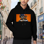 Men's hoodie worn outside, with the camera facing the graphic of a cat wearing a bucket hat beside a mouse in a rectangular panel