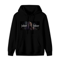 Unworn men's hoodie, front view of the design depicting a laughing suited figure in a horizontal lettered panel