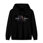 Unworn men's hoodie, front view of the design depicting a laughing suited figure in a horizontal lettered panel