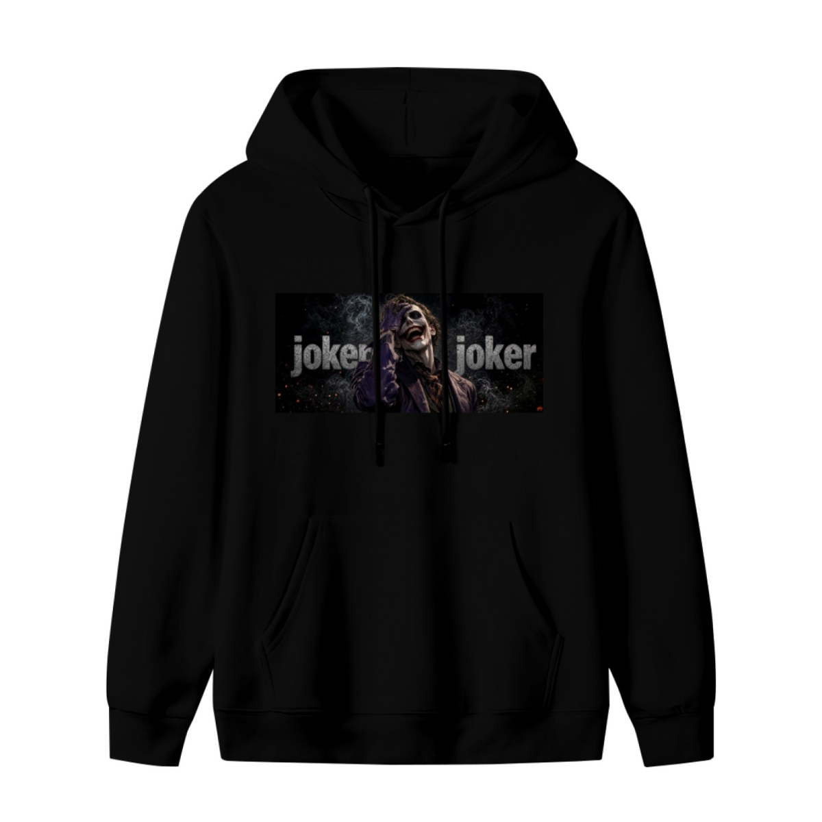 Unworn men's hoodie, front view of the design depicting a laughing suited figure in a horizontal lettered panel