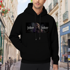 On-location model photograph displaying a laughing suited figure in a horizontal lettered panel on the front of a men's hoodie