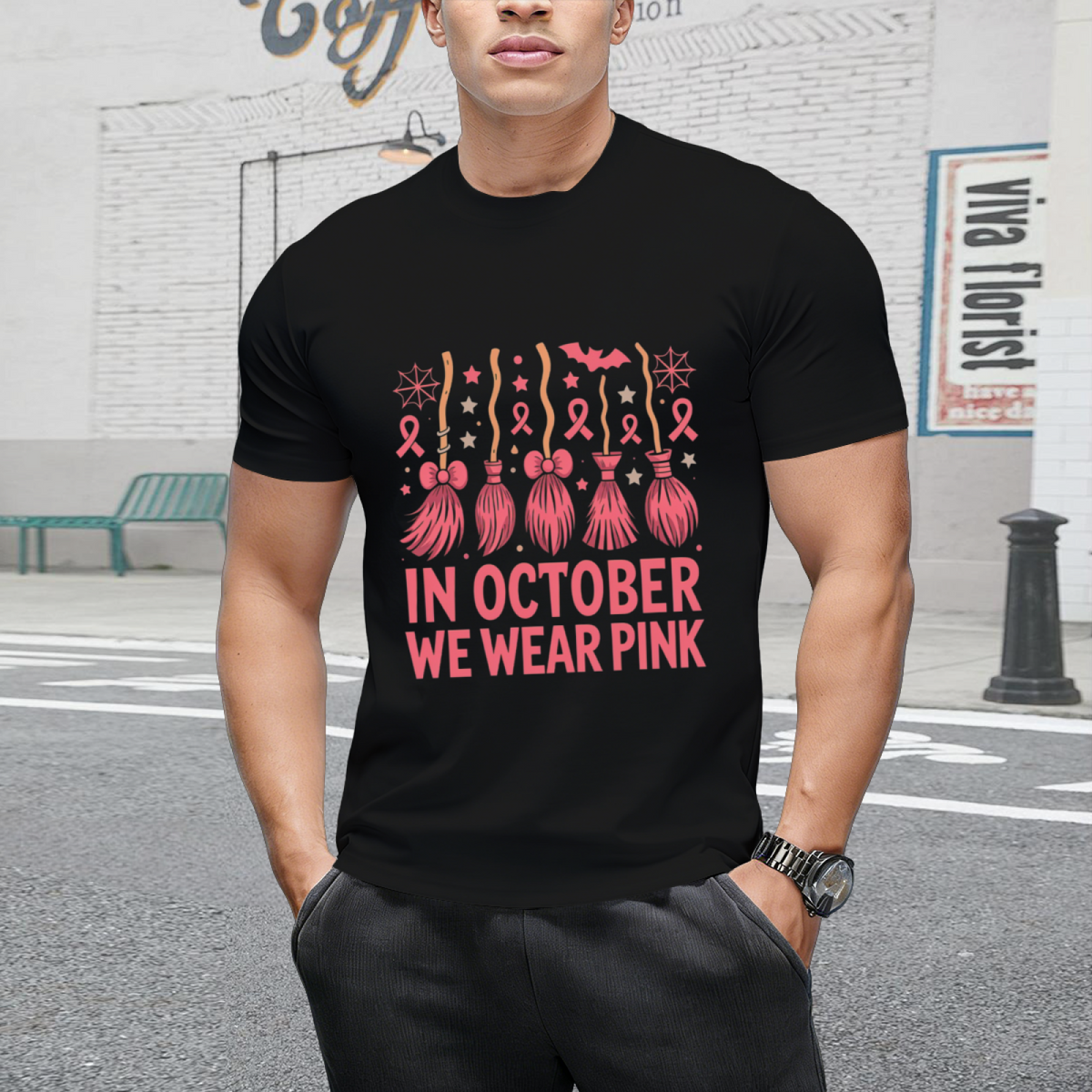 In October We Wear Pink - Witch Awareness Graphic T-Shirt