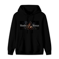 Men's hoodie photographed alone, with a warrior with crossed armored bracers in a lettered chest banner on the front