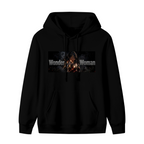 Men's hoodie photographed alone, with a warrior with crossed armored bracers in a lettered chest banner on the front