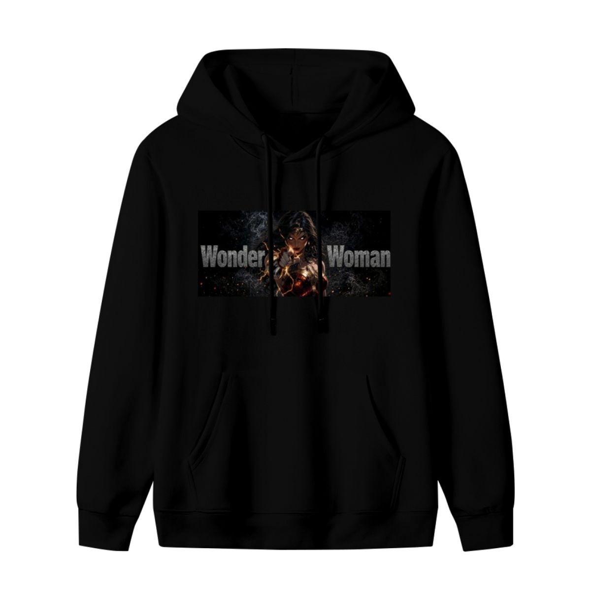 Men's hoodie photographed alone, with a warrior with crossed armored bracers in a lettered chest banner on the front