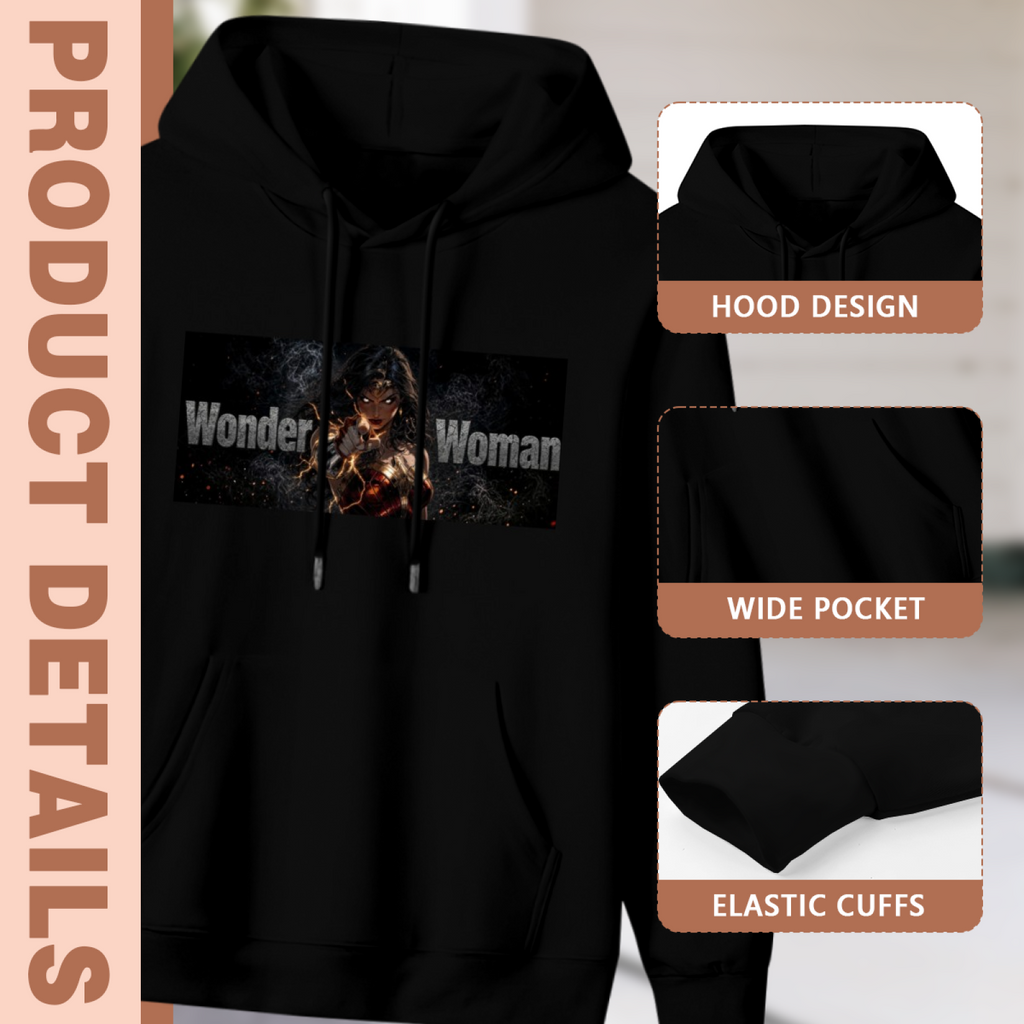 Feature collage for the men's Braced Warrior Portrait hoodie: hood shape, pouch pocket and cuff finishing