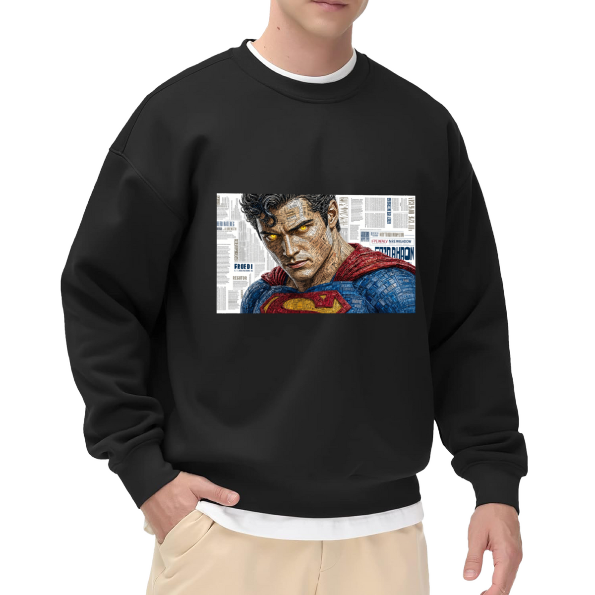 Front-facing model wearing a men's crewneck sweatshirt decorated with a tightly cropped intense face above a cape against newsprint
