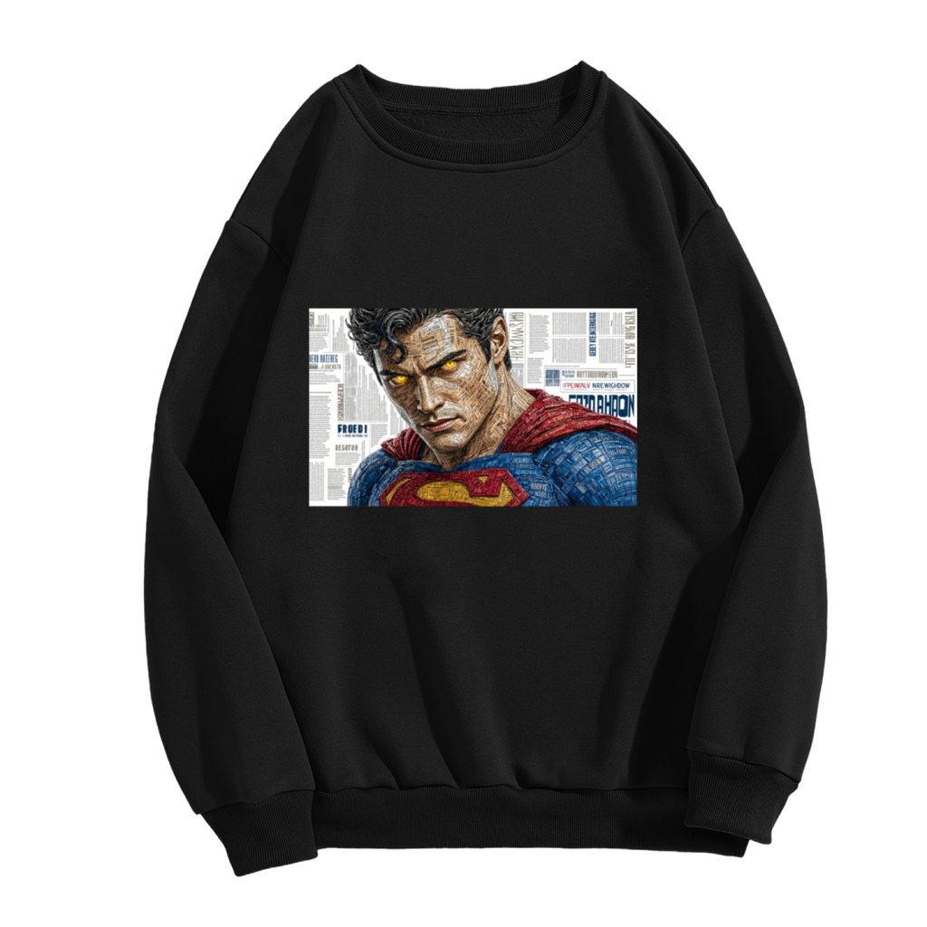 A tightly cropped intense face above a cape against newsprint shown on the front of a men's crewneck sweatshirt in a standalone product shot