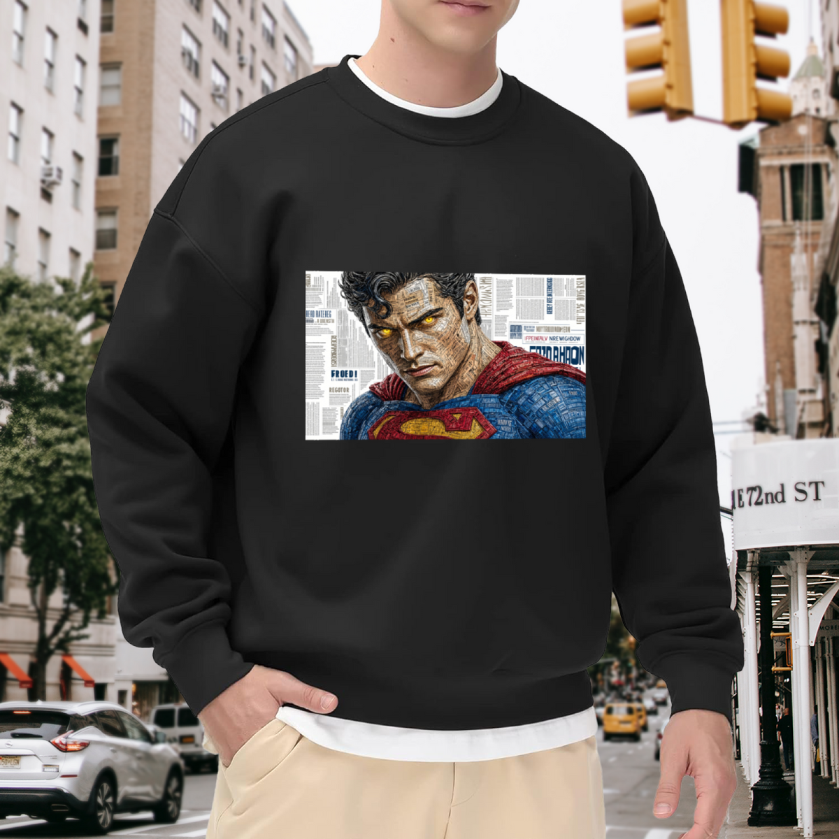 Outdoor photograph of a model in a men's crewneck sweatshirt bearing a tightly cropped intense face above a cape against newsprint