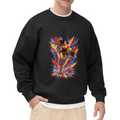 Studio photograph of a model in a men's crewneck sweatshirt showing a shield-bearing warrior with a lasso amid jagged multicolored paint strokes
