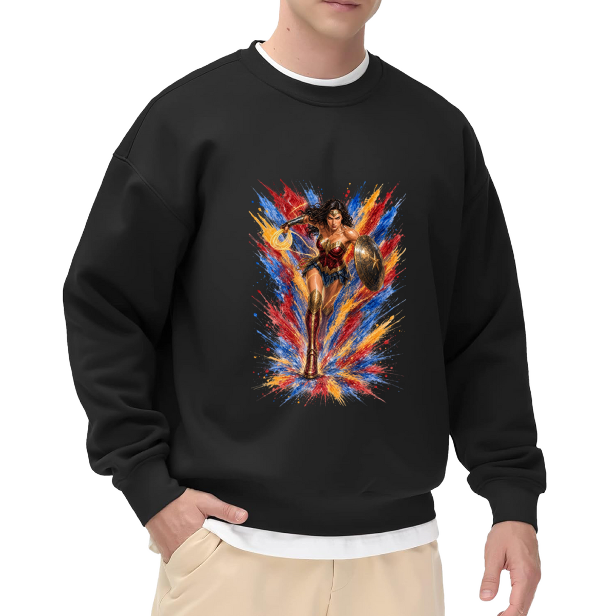 Studio photograph of a model in a men's crewneck sweatshirt showing a shield-bearing warrior with a lasso amid jagged multicolored paint strokes
