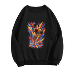 Standalone men's crewneck sweatshirt front displaying a graphic of a shield-bearing warrior with a lasso amid jagged multicolored paint strokes