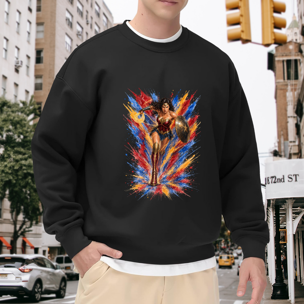 Men's crewneck sweatshirt worn outside, with the camera facing the graphic of a shield-bearing warrior with a lasso amid jagged multicolored paint strokes