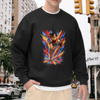 Men's crewneck sweatshirt worn outside, with the camera facing the graphic of a shield-bearing warrior with a lasso amid jagged multicolored paint strokes