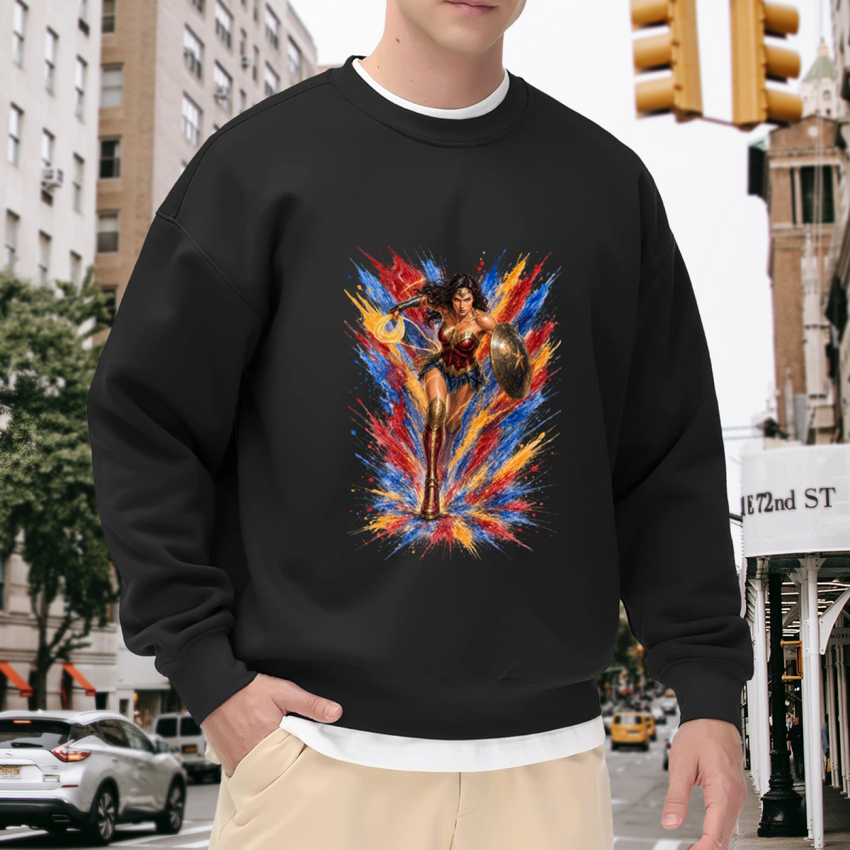 Men's crewneck sweatshirt worn outside, with the camera facing the graphic of a shield-bearing warrior with a lasso amid jagged multicolored paint strokes