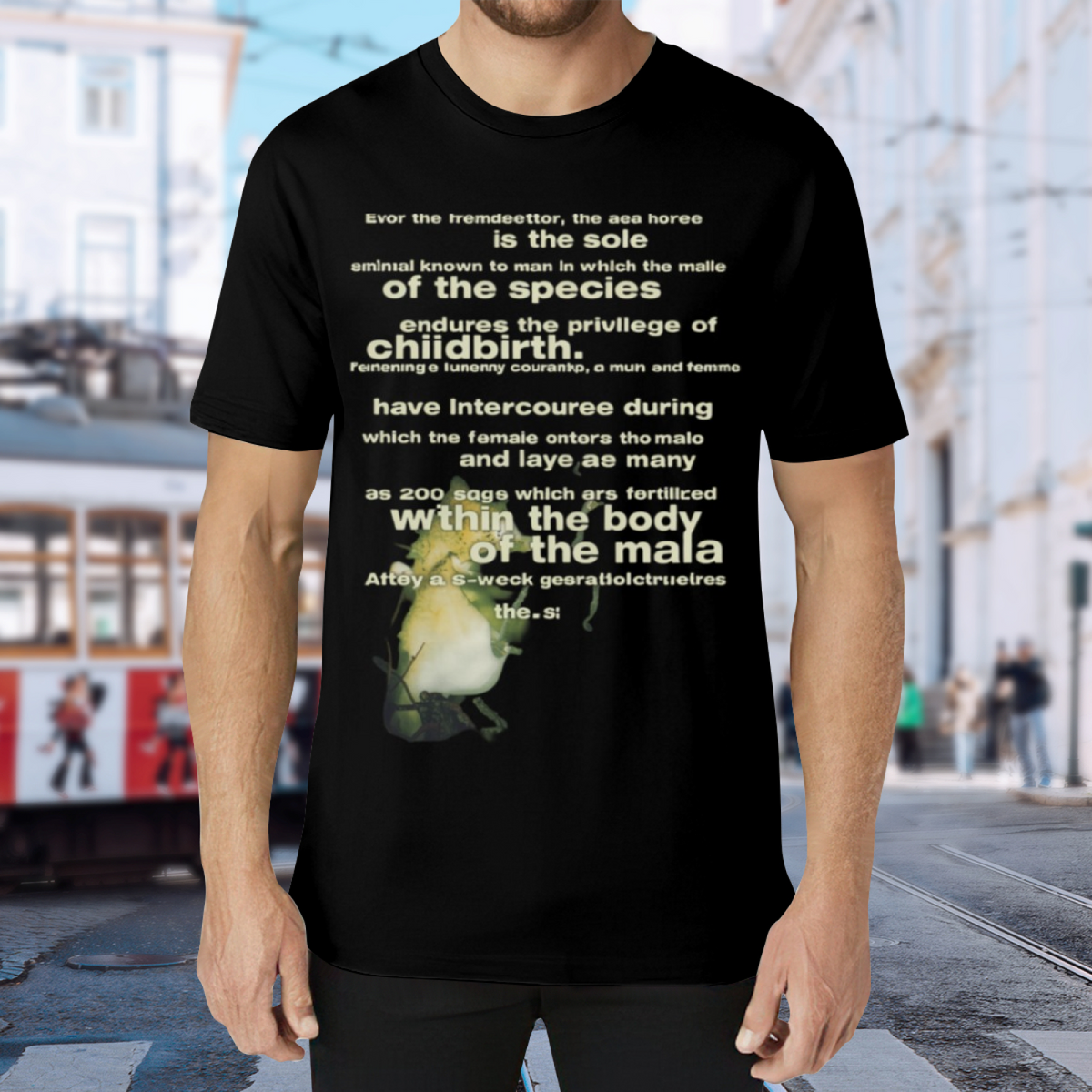Vintage Seahorse Reproduction Graphic T-Shirt for Men — product design preview of the artwork; the artwork combines a vintage-style seahorse with reproduction-themed text