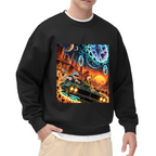 Men's crewneck sweatshirt seen on a model, its front graphic depicting a muscle car racing through a cosmic landscape of glowing portals