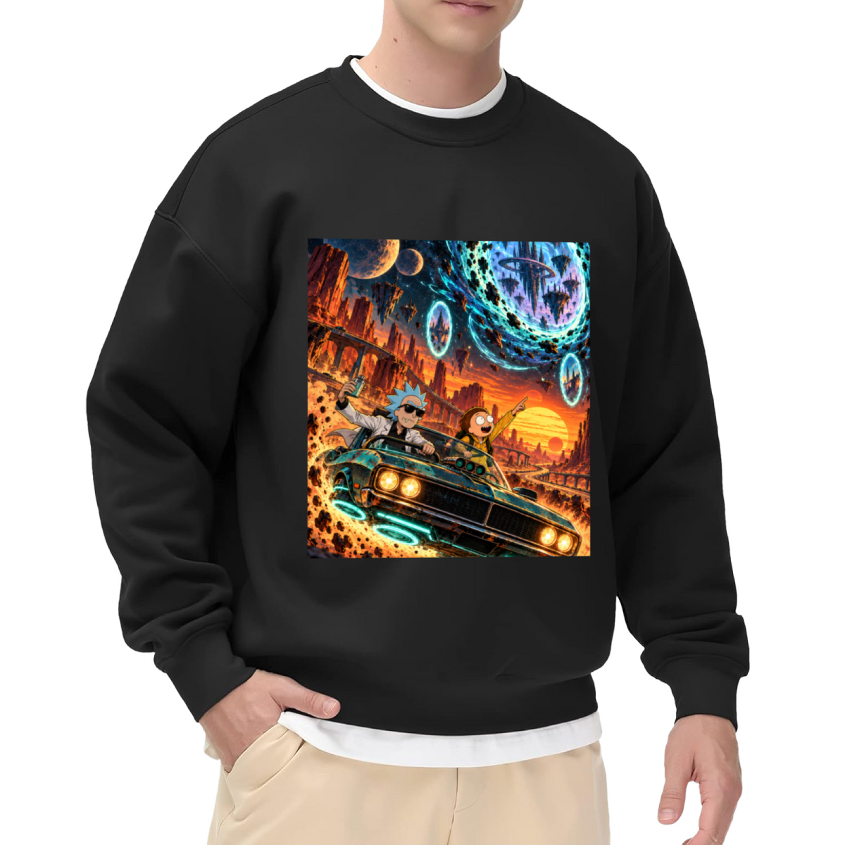 Men's crewneck sweatshirt seen on a model, its front graphic depicting a muscle car racing through a cosmic landscape of glowing portals