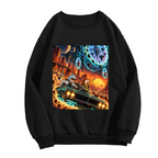 Front garment photograph: men's crewneck sweatshirt decorated with a muscle car racing through a cosmic landscape of glowing portals