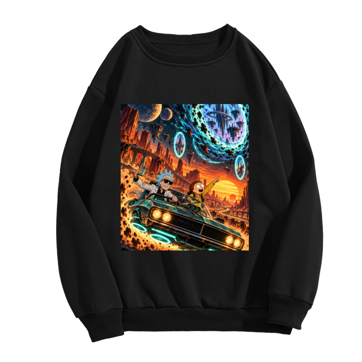 Front garment photograph: men's crewneck sweatshirt decorated with a muscle car racing through a cosmic landscape of glowing portals