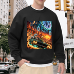 A muscle car racing through a cosmic landscape of glowing portals visible on a men's crewneck sweatshirt in an outdoor front model view