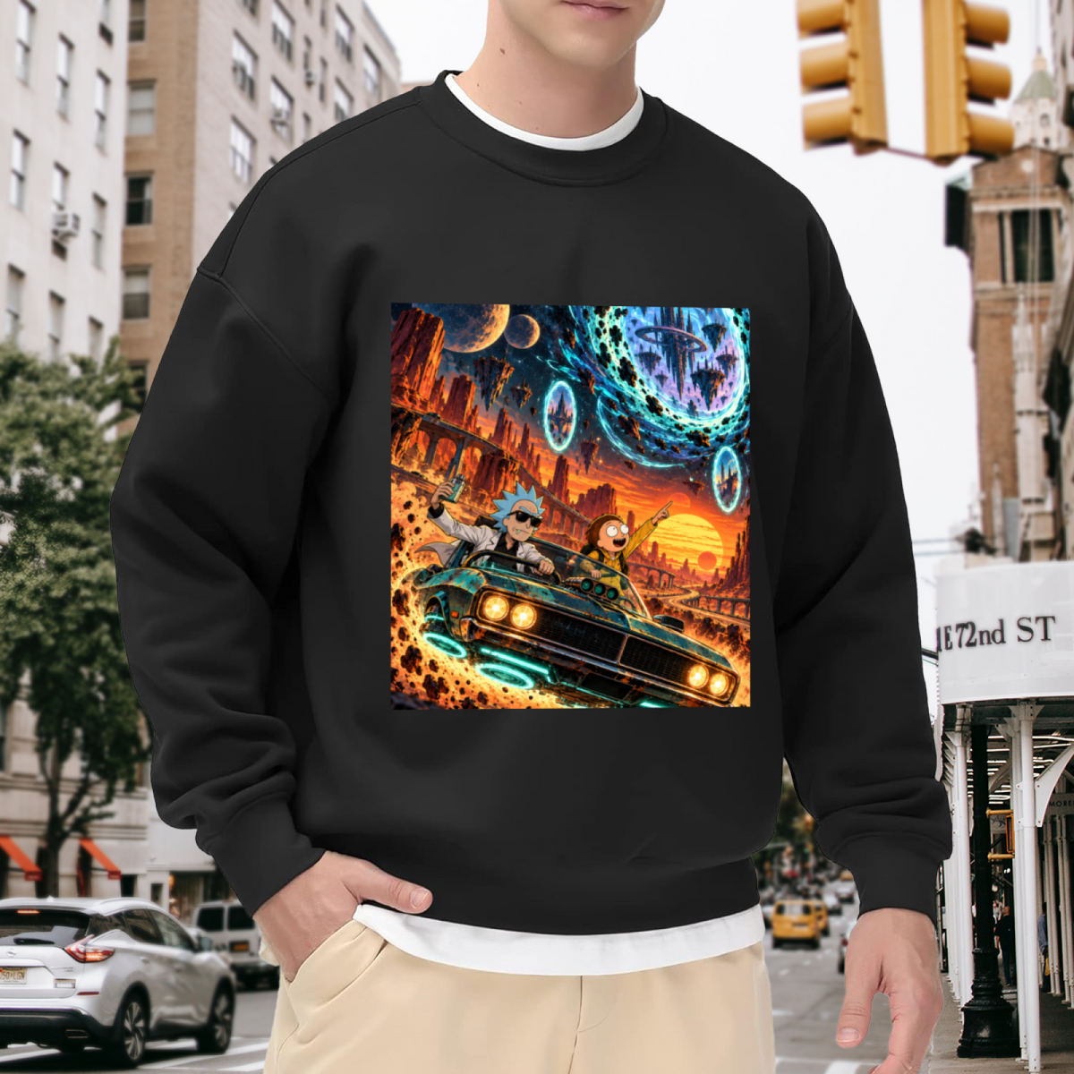 A muscle car racing through a cosmic landscape of glowing portals visible on a men's crewneck sweatshirt in an outdoor front model view