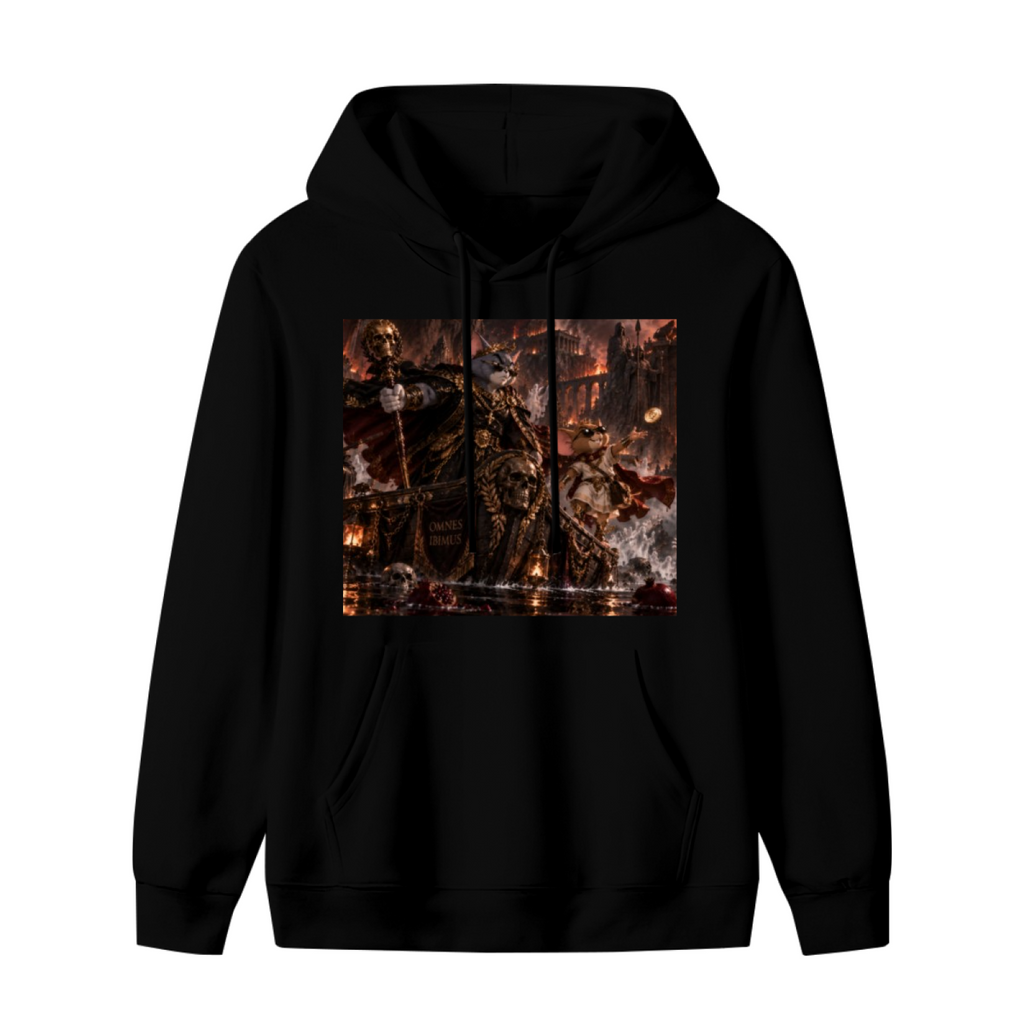 Front garment photograph: men's hoodie decorated with an armored cat surrounded by flames in a detailed fantasy battle