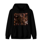 Front garment photograph: men's hoodie decorated with an armored cat surrounded by flames in a detailed fantasy battle