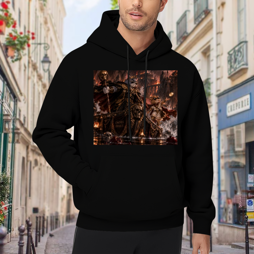 An armored cat surrounded by flames in a detailed fantasy battle visible on a men's hoodie in an outdoor front model view