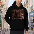 An armored cat surrounded by flames in a detailed fantasy battle visible on a men's hoodie in an outdoor front model view