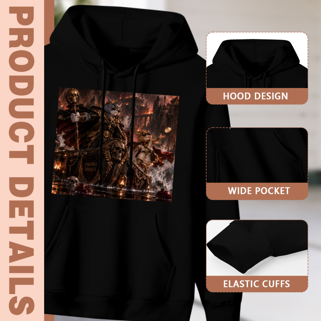 Men's Armored Cat in the Blaze hoodie product-feature illustration with close views of the hood, pocket and cuffs