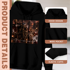 Men's Armored Cat in the Blaze hoodie product-feature illustration with close views of the hood, pocket and cuffs