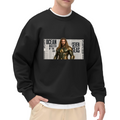 Men's crewneck sweatshirt seen on a model, its front graphic depicting a long-haired ocean warrior in armor against newspaper-style lettering