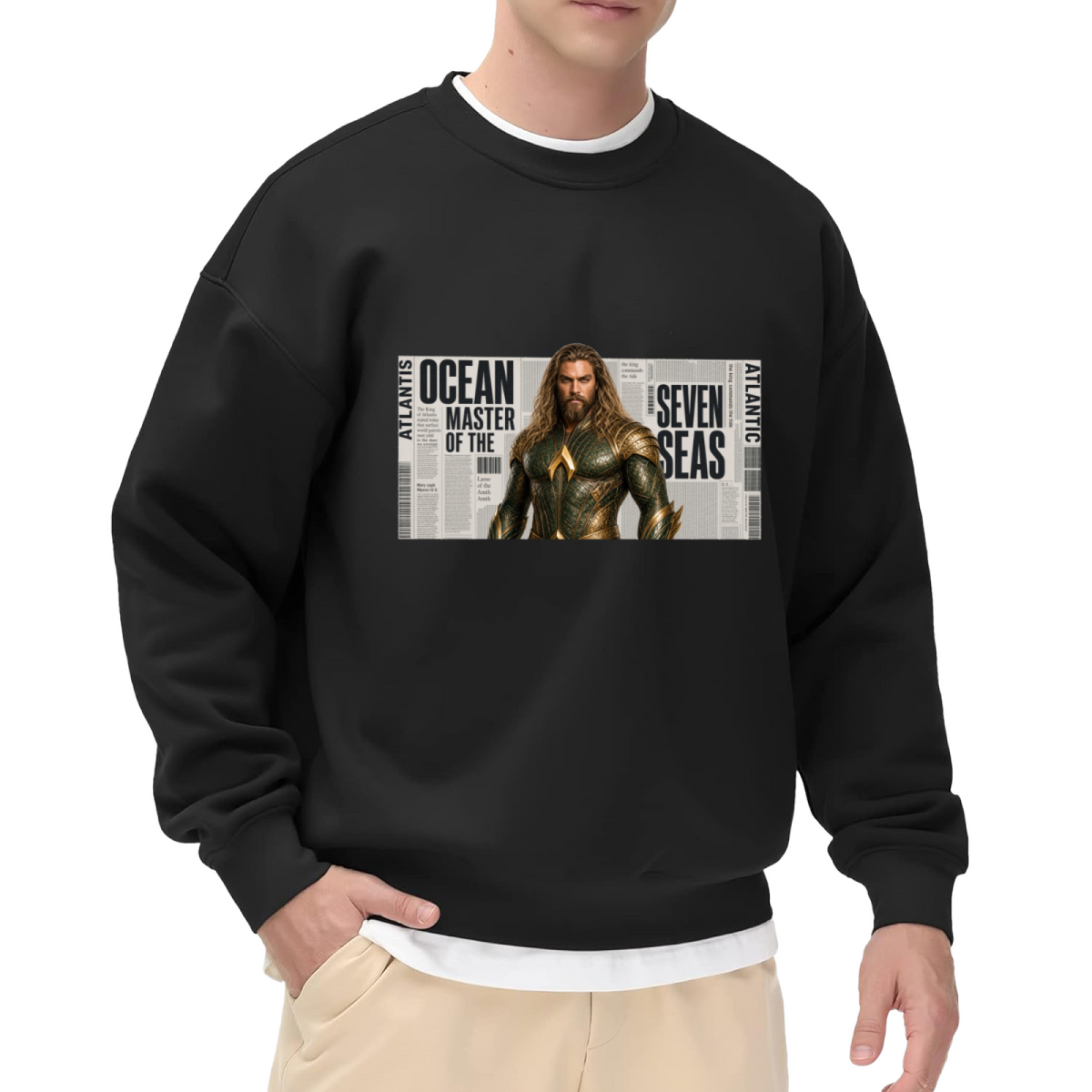 Men's crewneck sweatshirt seen on a model, its front graphic depicting a long-haired ocean warrior in armor against newspaper-style lettering