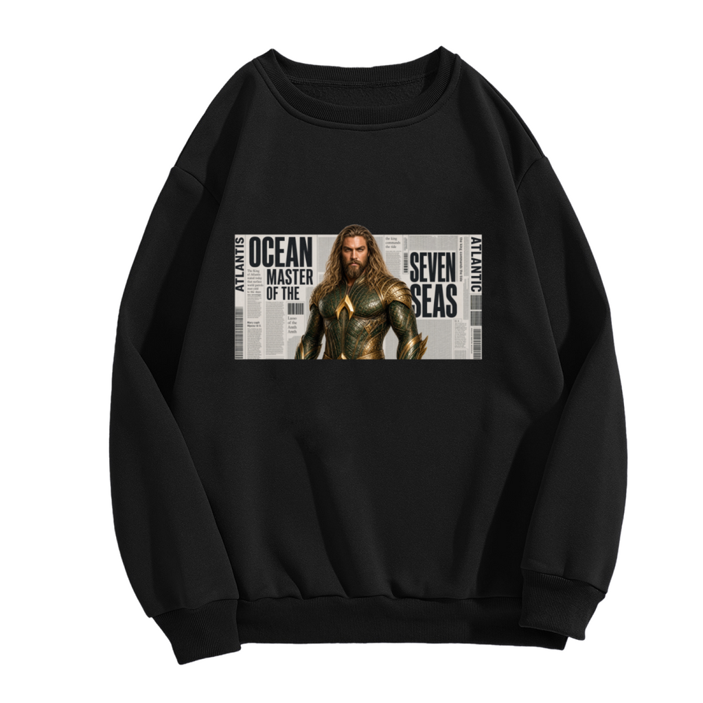 Front garment photograph: men's crewneck sweatshirt decorated with a long-haired ocean warrior in armor against newspaper-style lettering