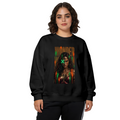 On-model product photo: women's crewneck sweatshirt bearing a tall graffiti-style warrior portrait with a green X across the eyes