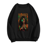 Women's crewneck sweatshirt photographed alone, with a tall graffiti-style warrior portrait with a green X across the eyes on the front