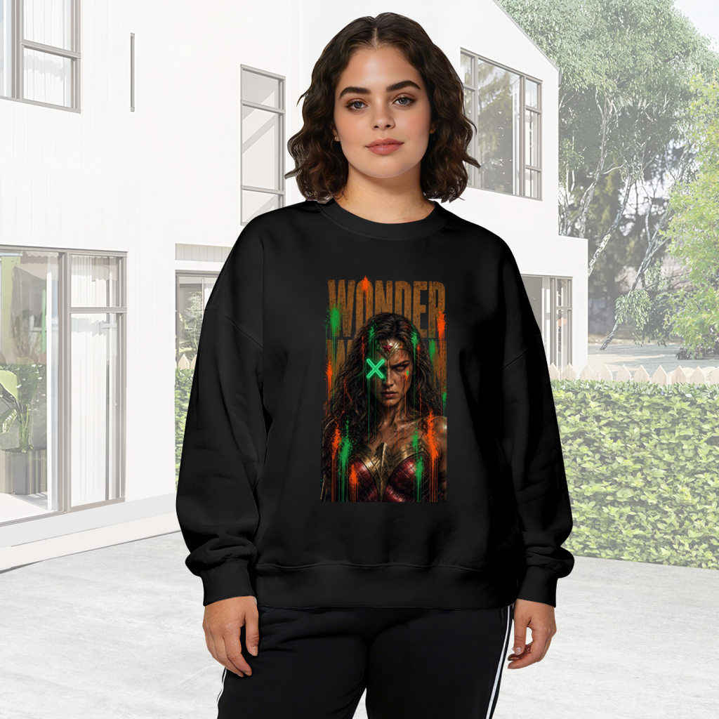 Lifestyle image outdoors: women's crewneck sweatshirt with a front graphic of a tall graffiti-style warrior portrait with a green X across the eyes