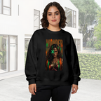 Lifestyle image outdoors: women's crewneck sweatshirt with a front graphic of a tall graffiti-style warrior portrait with a green X across the eyes