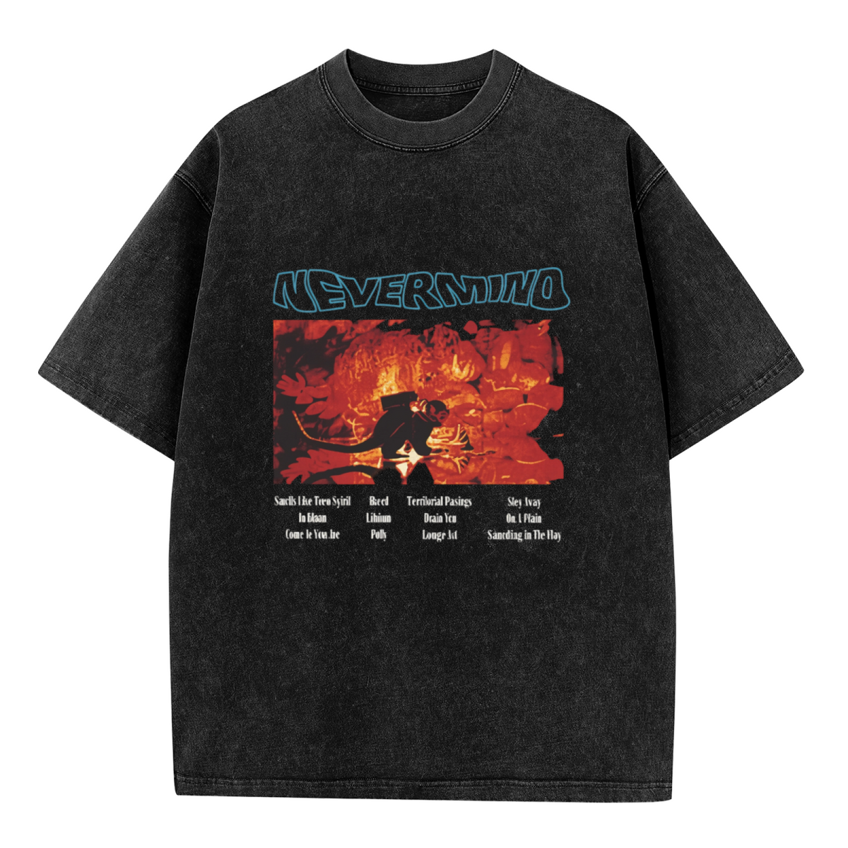 Nirvana Nevermind Concert Washed Graphic Tee in Black, product image showing a red concert-inspired Nevermind graphic featuring tracklist-style typography.